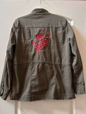 Ashley Embroidered Cargo Utility Olive Green Jacket. Grunge. Raw edges. Boho. L